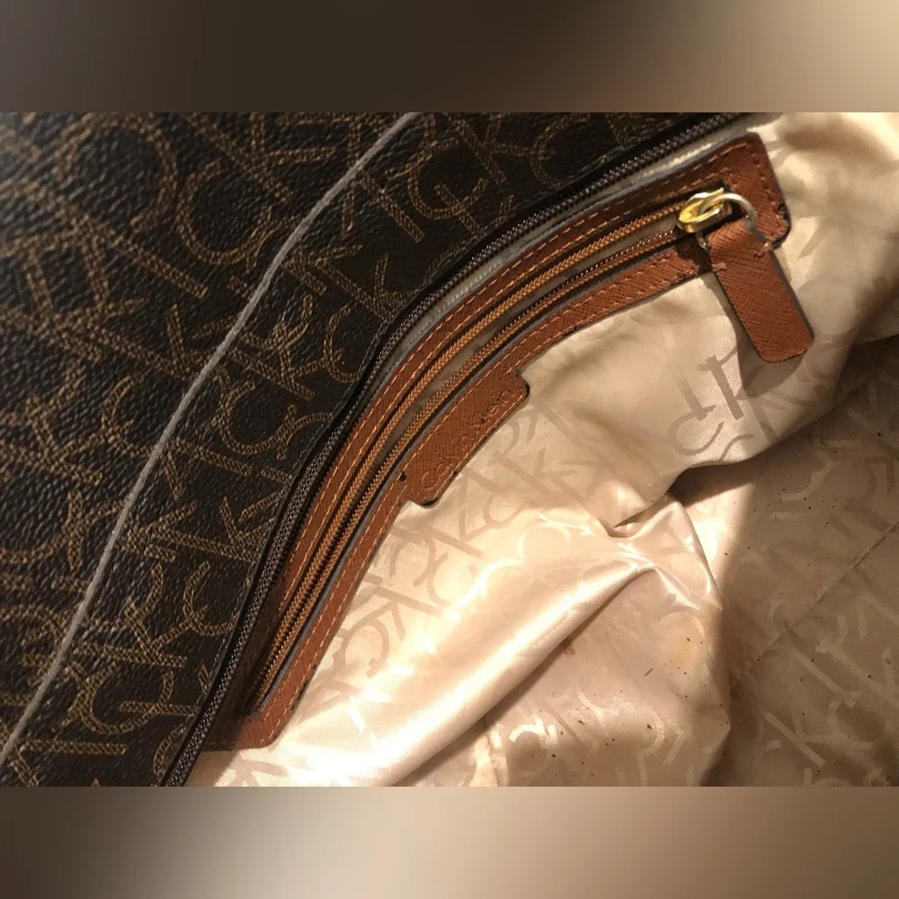 Calvin Klein Dark Brown Monogram Tote with Dual Straps